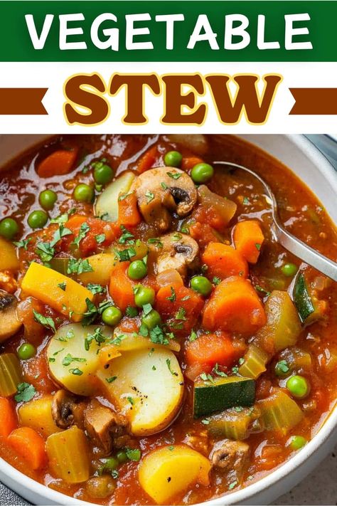 This hearty vegetable stew is such a comforting meal! With potatoes, carrots, mushrooms, peas, celery, and tomatoes, it's so full of tasty flavor. Stove Top Stew Recipes, Vegetables Stew Recipes, Winter Vegetable Stew, Best Vegetable Soup Recipes Ever, Vegetable Soup With Fresh Vegetables, Easy Vegetable Stew, Veggie Stew Crockpot, Veg All Recipes, Carrot Potato Recipes