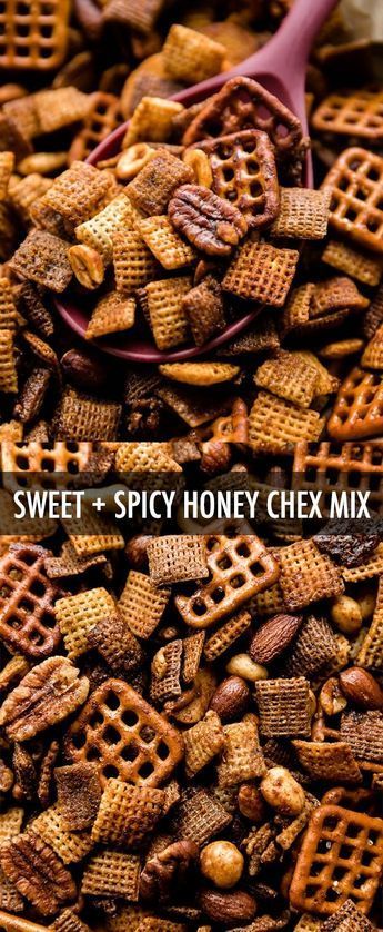 Deliciously addicting sweet & spicy honey Chex mix with mixed nuts, pretzels, bagel chips, and Chex cereals! Easy recipe on sallysbakingaddiction.com Hot Honey Chex Mix Recipes, Peanut Lovers Chex Mix Recipe, Honey Buffalo Pretzels, Spicy Cheerios Recipes, Halloween Chex Mix Recipes Savory, Sweet And Spicy Snack Mix Recipes, Gardettos Recipe, Sweet And Spicy Chex Mix Recipes, Chex Mix Recipes Sweet