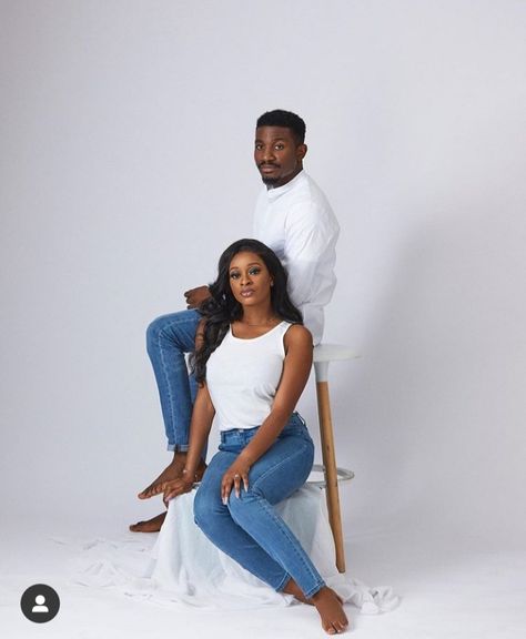 Denim And White Couple Photoshoot, White Shirt Blue Jeans Black Couple Photoshoot, Denim And White Engagement Pictures, Couple Poses In Jeans, White Shirt Blue Jeans Couple Photoshoot, Denim And White Photoshoot, Anniversary Shoot Ideas Couple, Denim Couple Photoshoot, Pre Wedding Shoot Dresses