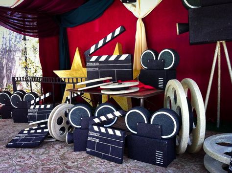 Film production equipment made form foam. #filmmaker #movie #clipart #clapperboard #camera #filmreel #filmstrip #equipment #red #stars #goldenstar Film Festival Decorations, Lights Camera Action Theme, Middle School Dance Themes, Hollywood Red Carpet Theme, School Dance Themes, Movie Clipart, Deco Cinema, Film Event, Film Decor