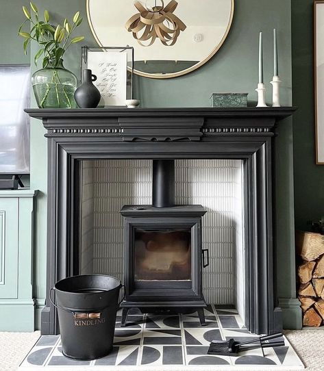 Indoor Fireplace Ideas, Wood Burner Fireplace, Log Burner Fireplace, Log Burner Living Room, Wet Room Flooring, Fireplace Tiles, Ski Condo, Victorian Living Room, Black Fireplace