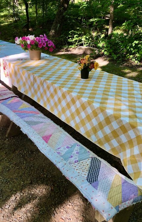 DIY Picnic Table Bench Covers  - Girl Camper Picnic Table Bench Covers, Diy Picnic Table Covers, Picnic Table Cover, Camping Table Ideas, Picnic Table Covers Fitted Diy, Picnic Bench Covers, Table Cover Diy, Homemade Bench, Diy Bench Cushion