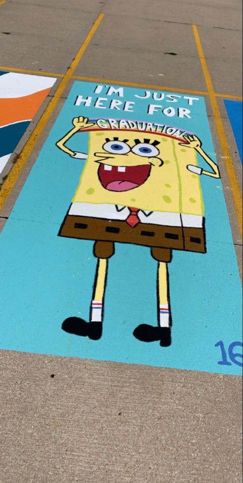 Parking Spit Ideas, Spongebob Parking Spot Painting, Funny Parking Spot Painting, Senior Parking Spots Funny, Painted Parking Spots Senior Funny, Student Parking Spot Ideas, Funny Senior Parking Spaces, Senior Tile Ideas Art, Funny Parking Spot Painting Ideas