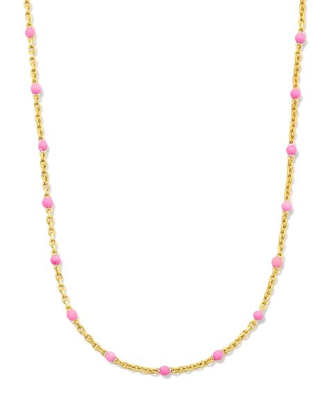 Every outfit should have a pop of pink, especially if it’s an excuse to style the Pink Enamel 18k Gold Vermeil Satellite Chain Necklace. A trendy design and even trendier color come together in this elevated essential you’ll layer up, style solo, and reach for time and time again. Metal 18k Yellow Gold Vermeil What is Vermeil? Vermeil (that’s pronounced ver-may) is a gold plating technique that dates back to the 19th century. While other jewelers plate over less durable metals, our vermeil start Enewton Necklace Stacks, Non Tarnish Gold Jewelry, Kendra Scott Necklace Stack, Gold Jewelry Necklace Stack, Trending Gold Necklace Designs, Preppy Gold Jewelry, Evry Jewels Necklaces, Layering Kendra Scott Necklaces, Pink Kendra Scott Necklace