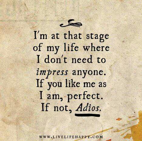 I'm at that stage of my life where I don't need to impress anyone. If you like me as I am, perfect. If not, Adios. Quotes To Brighten Your Day, Live Life Happy, A Quote, The Stage, Brighten Your Day, The Words, Live Life, Of My Life, Best Quotes