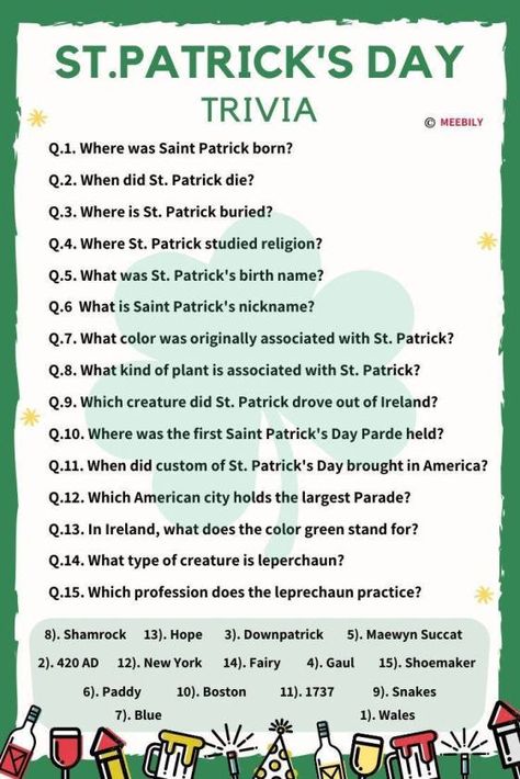 St. Patrick’s Day Trivia Questions & Answers - Meebily St Patrick’s Day Trivia With Answers, St Patricks Day Trivia Printable, St Patrick’s Day Trivia, March Activity Ideas For Seniors, St Patrick’s Day Work Ideas, St Patrick’s Day Games, March Activities For Seniors, St Patricks Day Games, Trivia For Seniors