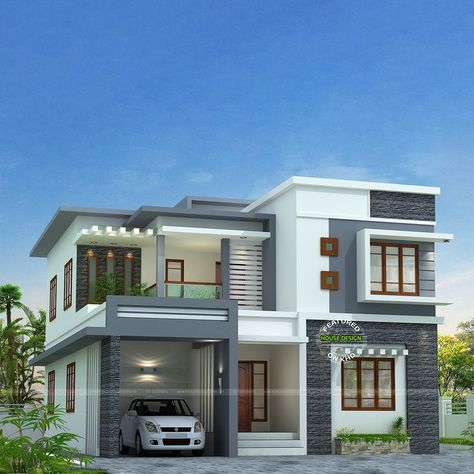 Beautiful box type Kerala house design Two Storey Flat Roof House, Duplex House Colour Combination, 3d House Design Architecture, 2 Storey Apartment Design, 3 Rooms House Plan Design, Types Of Roof Design, House Design 3 Storey, Flat Roof House Designs, Indian House Exterior Design