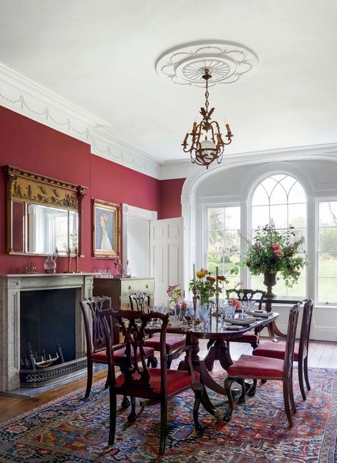 Eating Room Red Farrow And Ball, Eating Room Red, Red Wall Paint, Painted Rooms, Eating Room, Globe Lantern, 18th Century House, Red Dining Room, Country Modern Home