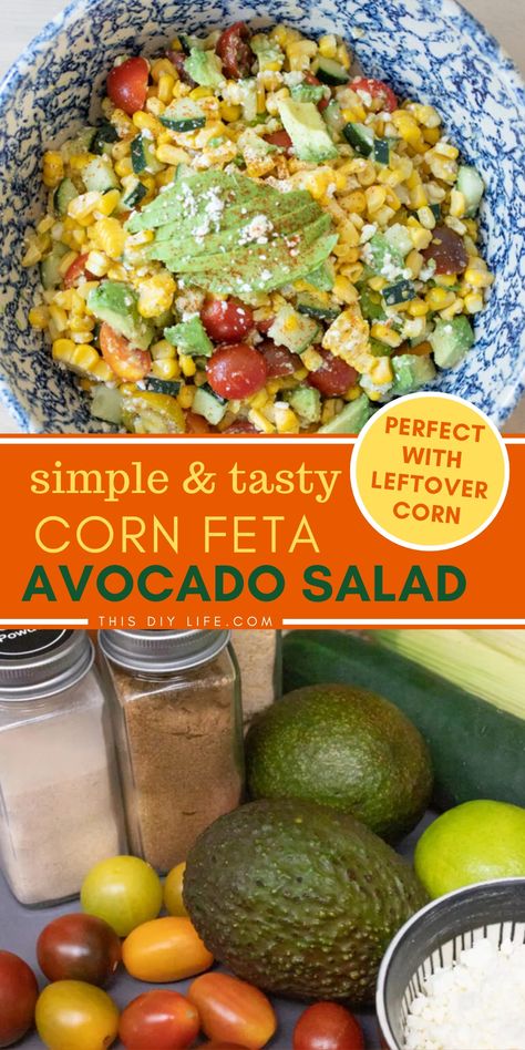 This corn feta avocado salad is a crowd pleaser whenever we serve it - and a great way to use up leftover corn on the cob! It is really easy to knock out in just a few minutes of chopping and dicing. This make ahead avocado corn salad keeps well in the fridge for days - just add the avocado right before serving. Leftover Corn On The Cob, Leftover Corn, Avocado Corn Salad, Feta Salad Recipe, Corn Avocado Salad, Make Ahead Salads, Bbq Dishes, Cheap Recipes, Avocado Salad Recipes