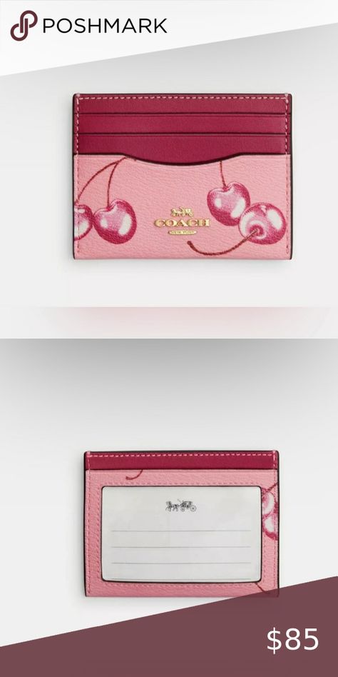 Coach Slim Id Card Case With Cherry Print Coach Cherry Collection, Bags Aesthetic, Cherry Print, Coach Accessories, H Style, Card Case, Smooth Leather, Card Slots, Slots