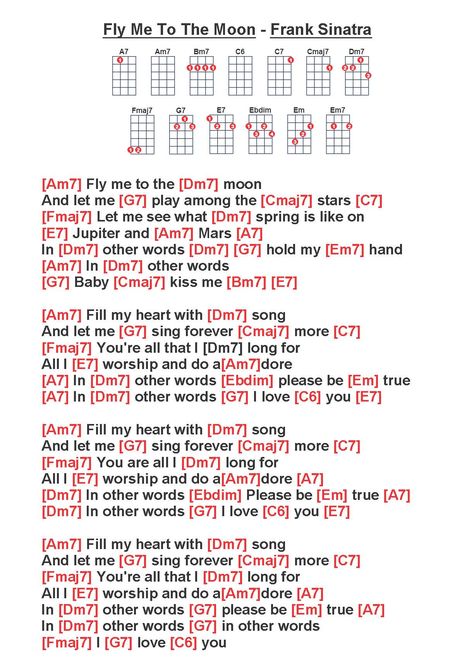 Fly Me To The Moon Ukulele, Fly Me To The Moon Guitar Tab, Fly Me To The Moon Lyrics, Ukelele Chords Ukulele Songs, Ukulele Song, Ukulele Songs Beginner, Easy Ukulele Songs, Learning Ukulele, Easy Guitar Chords