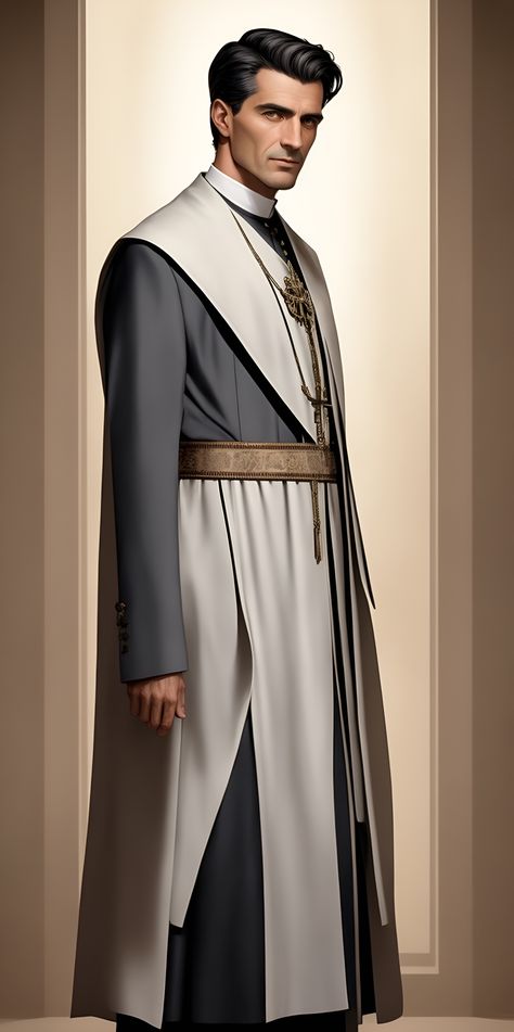 a man of his mid 50s, Italian man with a dignified presence befitting his role as a high-level priest within the Vatican. Sci Fi Priest, Scary Priest, Priest Fanart, Fantasy Priest, Priest Character Design, Battle Priest, Priest Character, Wizard Outfit, Priest Robes