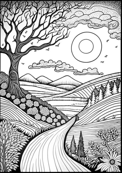 Zentangle Patterns Landscape, Awesome Drawings Creativity, Landscape Pattern Drawing, Zentangle Mountains Landscapes, Creative Landscape Drawing, Landscape Pattern Design, Landscape Doodle Art, Line Art Landscape Drawings, Zentangle Landscape Line Drawings