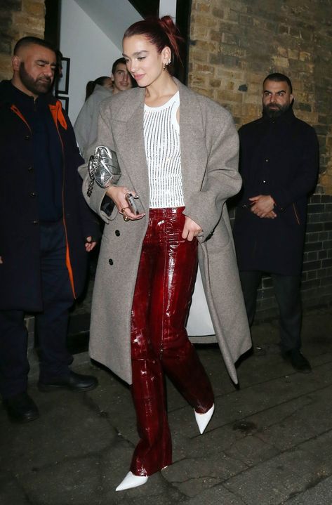 Dua Lipa Outfit, Dua Lipa Style, Patent Leather Pants, Red Black Style, Fancy Hairstyles, Fall Hair Color, Dua Lipa, Winter Looks, Fashion Sewing