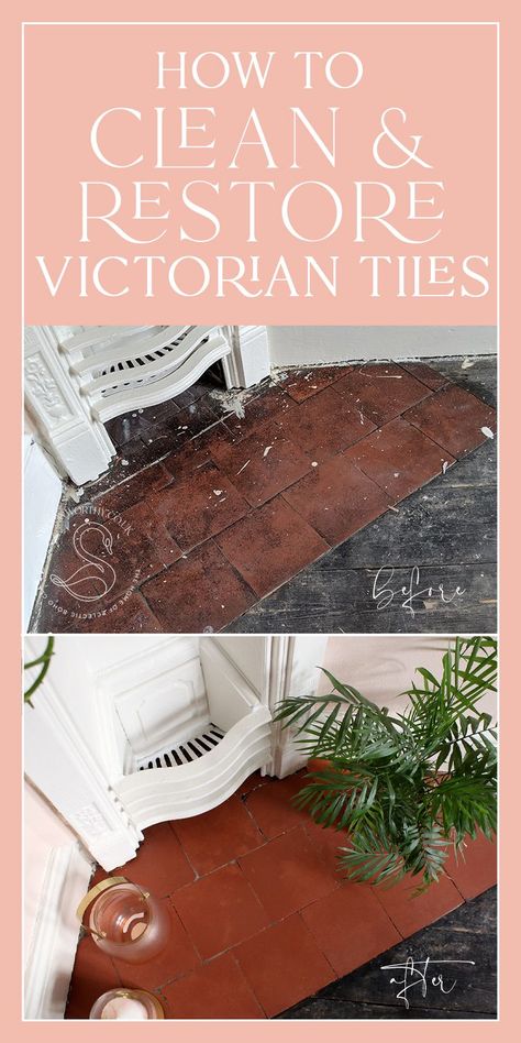 How To Make Old Tile Look New, Victorian House Restoration, Victorian House Decor, Victorian Flooring, Victorian Fireplace Tiles, Terracotta Tile Floor, Minton Tiles, Old Tiles, Hearth Tiles