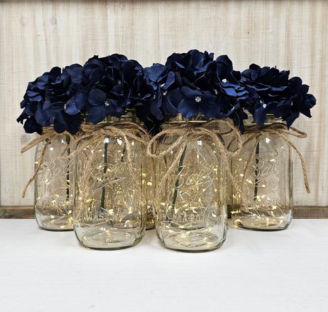 Lighted Mason Jar Centerpieces, Navy Blue Hydrangea, Centerpieces Graduation, Starry Night Prom, Royal Blue Wedding Theme, Event Centerpieces, Blue Wedding Decorations, Event Centerpiece, Decor Event