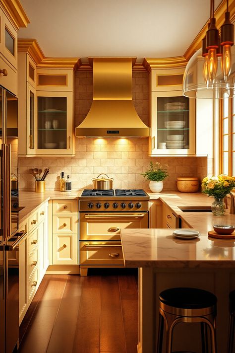 12 Ideas and Inspiration for Gold Kitchens – radientlyrawkitchen Colored Kitchen Cabinets, Colored Kitchen, Gold Light Fixture, Gold Faucet, Gold Tile, Kitchen Games, Eclectic Kitchen, Kitchen Stand, Bright Kitchens