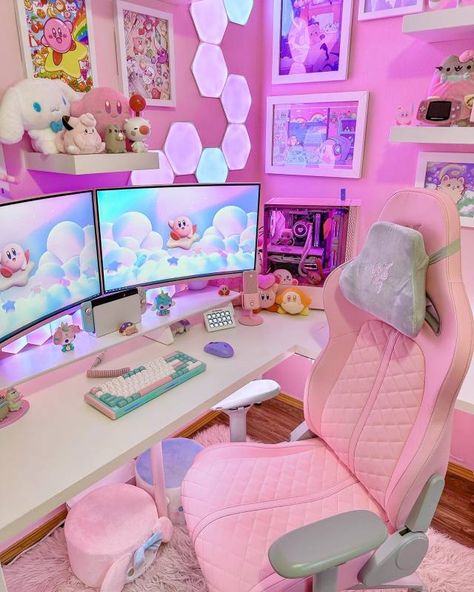 Gaming Desk Setup, Cozy Desk, Gamer Setup, Desk Layout, Gamer Room Decor, Office Room Decor, Gaming Room Setup, Cute Room Ideas, Gamer Room