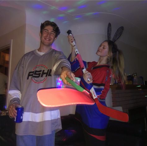 Hockey Player And Puck Bunny Costume, Puck Bunny Halloween Costume, Hockey Couple Costume, Couple Halloween Costumes Hockey, Hockey Costume Halloween, Puck Bunny Costume, Bunny Couple Costume, Hockey Player Halloween Costume, Hockey Halloween Costume