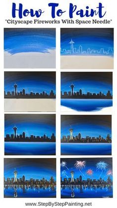 Painting Instructions, Skyline Painting, Canvas Painting Tutorials, Cute Canvas Paintings, Easy Canvas Painting, Canvas Painting Diy, Acrylic Painting Tutorials, Simple Acrylic Paintings, Cityscape Painting