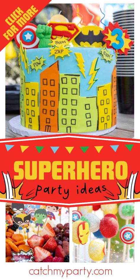 Check out this cool Superhero-themed birthday party! The cake is a blast! See more party ideas and share yours at CatchMyParty.com Superhero Party Ideas, Birthday Superhero, Superhero Birthday Cake, 3rd Birthday Party, Balloon Painting, Superhero Cake, Birthday Party Activities, Superhero Birthday Party, Superhero Theme