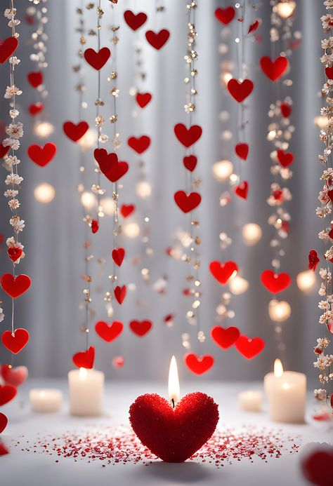 Red Heart Candles, Candles And Lights, Romantic Background, Wedding Backdrop Decorations, Celebration Background, Romantic Candles, Heart Candle, Day Background, Heart Lights