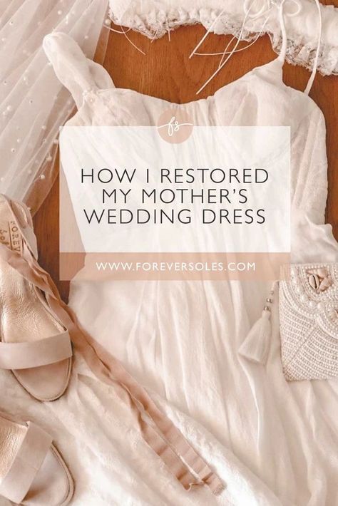 Clean Vintage Wedding Dress, How To Restore Old Wedding Dress, How To Clean A Wedding Dress, Reconstructed Wedding Dress, Old Wedding Dress Repurpose, Old Wedding Dress Redesign, Moms Wedding Dress Redone Ideas, Moms Wedding Dress Redone, Diy Wedding Dress Cleaning