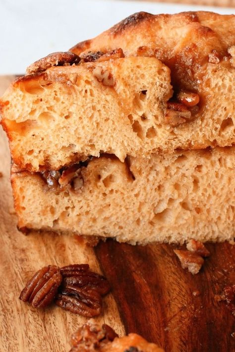 Perfect for Thanksgiving, this Sweet Potato Sourdough Focaccia combines the flavors of sweet potato casserole and buttery focaccia! Naturally leavened with sourdough starter, it requires no yeast and can be made in just one day. Brown sugar and pecans make this focaccia slightly sweet, fluffy, and perfect for any holiday meal. Make it in a 9x13 pan for easy holiday prep—this festive, no-knead bread will be a hit at any fall gathering or special dinner! Sweet Potato Sourdough, Sourdough Focaccia Recipe, Sourdough Focaccia, Making Sourdough Bread, Canning Sweet Potatoes, Pecan Topping, Winter Cooking, Artisan Bread Recipes, Holiday Prep