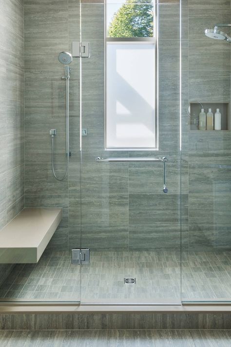 42+ Awesome Walk-In Shower With (Bench & Tiles) Hexagon Tile Bathroom Floor, Large Shower Tile, Transitional Bathroom Design, Small Bathroom Window, Tile Walk In Shower, Walk In Shower Ideas, Shower Ideas With Bench, Walk In Showers, Walk In Shower Designs