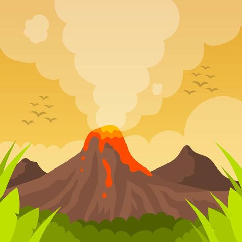 Flat Volcano Eruption With orange sky Vector Background Illustration Volcano Eruption Illustration, Geology Display, Volcano Background, Volcano Illustration, Volcano Clipart, Border Design Aesthetic, Composite Volcano, Volcano Drawing, Website Aesthetic