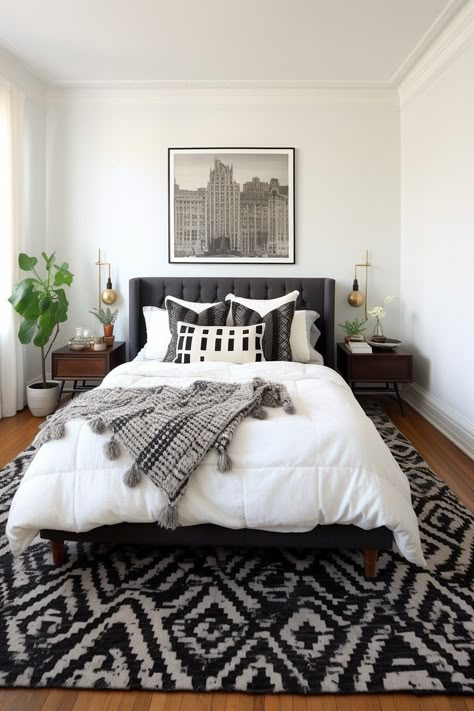 Guest Bedroom Themes, Dream Apartment Bedroom, Monochrome Bedroom Ideas, Boho Glam Apartment, Black And Aesthetic, Black Rug Bedroom, Moody Scandinavian, Black And White Bedroom Ideas, Comfy Living Room Decor