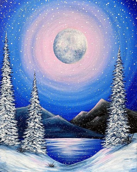 Paint And Sip Ideas Step By Step Winter, Snow Painting Ideas, Winter Wonderland Painting Easy, January Painting Ideas, Winter Drawings Easy, Winter Night Painting, Winter Paintings, Winter Art Lesson, Canvas Art Painting Acrylic