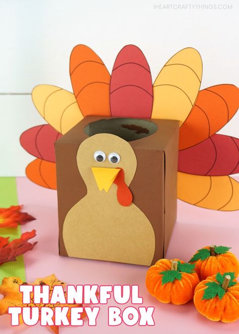 This thankful turkey box craft is a fun and simple activity for the whole family to express their gratitude for Thanksgiving. Grab our free craft template and make this thankful turkey box with your kids today! #iheartcraftythings Harvest Crafts For Kids, Free Craft Templates, Tissue Box Crafts, Thanksgiving Centerpieces Diy, Thankful Turkey, Thanksgiving Games For Kids, Thanksgiving Turkey Craft, Easy Thanksgiving Crafts, Thanksgiving Classroom