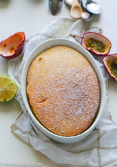 Passion fruit pudding cake Granadilla Recipes, Passion Fruit Pudding, Steamed Puddings, Hawaii Recipes, Mango Mousse Cake, Island Recipes, Passionfruit Recipes, Self Saucing Pudding, Hot Desserts