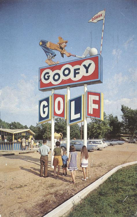 The Goofiest Miniature Golf Course of all. 36 Holes of fun. Hwy. 54, Across from Ozark Opry OSAGE BEACH, MISSOURI 65065 Mailed from Lake Ozark, Missouri to Mr. & Mrs. I.W. Basshart of Chicago, Illinois on June 29, 1970: Sunday Hi, Have a minute here while our foursome is enjoying miniature golf. Sunshine warm, temperature and good fun abound. We are all making use of the gorgeous pool. Don got his boat yet again, Don especially doesn't mind that a bit. Have our tickets for the Ozarks Opry ... Osage Beach Missouri, Goofy Golf, Retro Signage, Osage Beach, Miniature Golf Course, Building Signs, Miniature Golf, Vintage Neon Signs, Vintage Golf