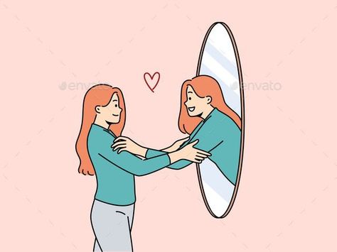 Woman Hugs Own Reflection in Mirror Demonstrating Self Hug, Mirror Self, Logo Presentation, Mirror Reflection, Girl Standing, Change Image, Hug Me, Shopify Theme, Narcissism