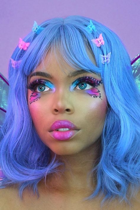 Best Fairy Costume Halloween Makeup Ideas Butterfly Costume Aesthetic, Butterfly Inspired Makeup, Rave Essentials, Makeup Yeux, Edc Makeup, Enchanted Birthday, Fairy Make-up, Ethereal Romantic, Fairy Halloween