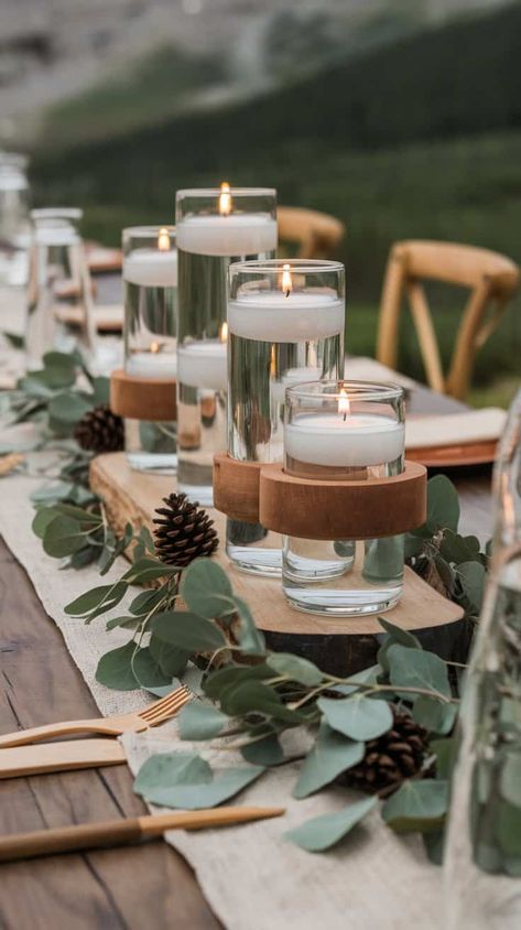 14 Mountain Wedding Table Decoration Ideas Mountain Wedding Theme Colors, Camp Wedding Centerpieces, Mountain Theme Engagement Party, Mountain Wedding Theme, Fall Lake Wedding, Mountain Themed Wedding, Mountain Wedding Ceremony, Fall Mountain Wedding, Table Decoration Ideas