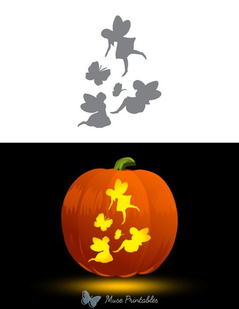 Printable Butterflies and Fairies Pumpkin Stencil Fairy Pumpkin Carving Stencil, Fairy Pumpkin Carving, Pumkin Stencils, Pumpkin Carving Templates Free, Fairy Pumpkin, Printable Butterflies, Pumpkin Carving Stencil, Pumpkin Stencils Free, Carving Templates