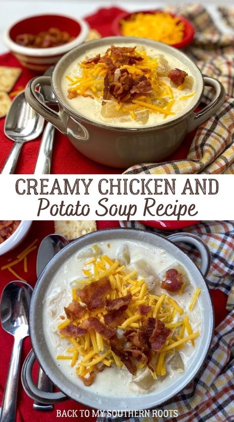 This contains an image of: {{ pinTitle }} Creamy Chicken And Potato Soup, Ultimate Potato Soup Recipe, Chicken And Potato Soup, Creamy Potato Soup Recipe, Chicken Potato Soup, Chicken Soups, Chicken And Potato, Slow Cooker Creamy Chicken, Potato Soup Easy