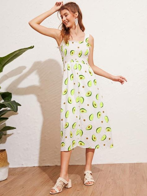 Avocado Print, Shirred Dress, Polyester Dress, Shein Style, Dress C, Cami Dress, Women Dresses, Fit And Flare Dress, Summer Outfit