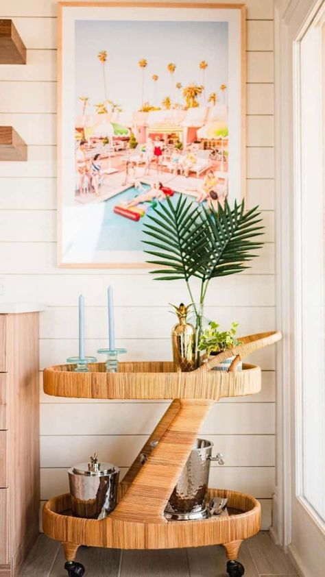 Beach Bar Cart, Coastal Bar Cart, Bar Cart Styling Ideas, Beach House Bar, Boho Living Room Decor Ideas, Bar Cart Ideas, Coastal Bar, Boho Beach House, Small Laundry Room Organization