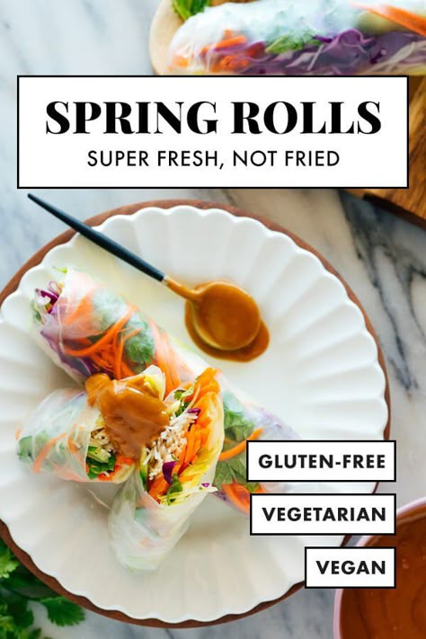 These Vietnamese spring rolls are fresh, not fried! They're the perfect party appetizer or light meal. The peanut sauce sends them over the top. Fresh Spring Rolls Recipe, Spring Rolls With Peanut Sauce, Vietnamese Fresh Spring Rolls, Vegetarian Spring Rolls, Vietnamese Spring Rolls, Fresh Spring Rolls, Peanut Dipping Sauces, Spring Roll Recipe, Gluten Free Noodles