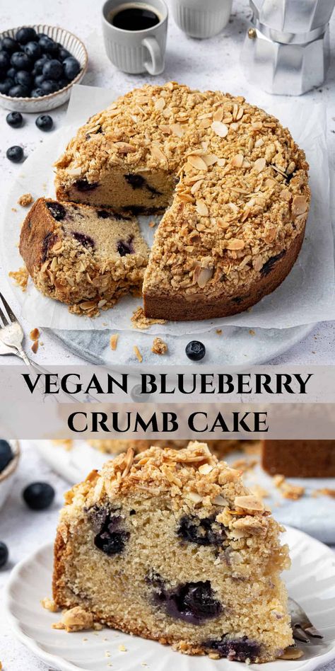 Blueberry crumb cake - soft, moist, fluffy vegan blueberry cake with a hint of lemon and a crunchy almond crumble topping.  This cake is not too sweet and is perfect served with a cup of tea or coffee. Vegan Blueberry Cake, Almond Crumble, Blueberry Crumb Cake, Blueberry Coffee, Blueberry Coffee Cake, Coffee Cake Recipe, Healthy Plant Based Recipes, Blueberry Crumble, Vegan Blueberry