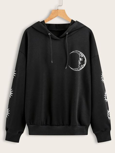 Sun & Moon Print Drawstring Hoodie | SHEIN USA Stylish Hoodies, Dropped Shoulder Sweatshirt, Moon Print, Moon And Stars, Printed Drawstring, Teenage Fashion Outfits, Drawstring Hoodie, Crop Sweatshirt, Teen Fashion Outfits