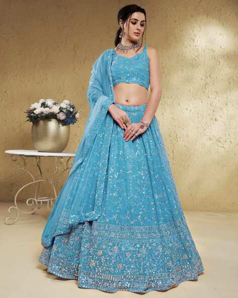 Buy Aqua Lehenga Choli Sets for Women by ZEEL CLOTHING Online | Ajio.com Aqua Blue Lehenga, Sky Blue Lehenga, Georgette Material, Lehenga Wedding, Blue Lehenga, Designer Lehenga Choli, Beautiful Sky, Wedding Wear, Lehenga Choli