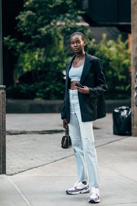 NYFW Day 6 Adut Akech Street Style, Adut Akech, 2020 Street Style, New York Fashion Week Street Style, New York Fall, Bootcut Jean, Boyfriend Jean, Spring Street Style, Street Style Chic