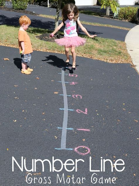 Learn math in a hands on way with this gross motor number line game for kids from Still Playing School Outdoor Math Games, Number Line Games, Concrete Objects, Games For Kids Classroom, Kindergarten Math Games, Motor Coordination, Learn Math, Line Game, Motor Development