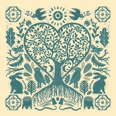 Rustic Early American Tree Of Life Woodcut - Rustic #american #linocut #woodcut #Tree of life #tree #rabbit #bunny #owl #maple #oak #heart #love #bird #forest #woods #snake #axe #primitive #butterfly Woodcut Art, Woodcuts Prints, Art Tree, Scandinavian Folk Art, Tree Illustration, Early American, Society6 Art, Album Art, Linocut