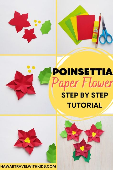 Paper Poinsettia Craft Tutorial | Hawaii Travel with Kids Diy Paper Poinsettia, Hawaiian Christmas Decorations, Christmas Decorations Easy Diy, Poinsettia Craft, Christmas Decorations Easy, Paper Poinsettia, Hawaii Crafts, December Art, Hawaiian Crafts